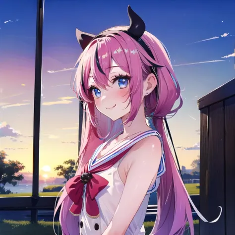 anime girl with pink hair and a cat ears and a bow