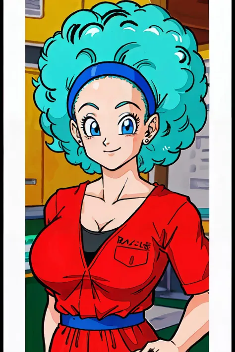 a cartoon picture of a woman with blue hair and a red dress