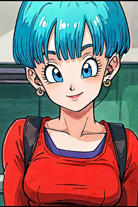 anime girl with blue hair and blue eyes in a red shirt