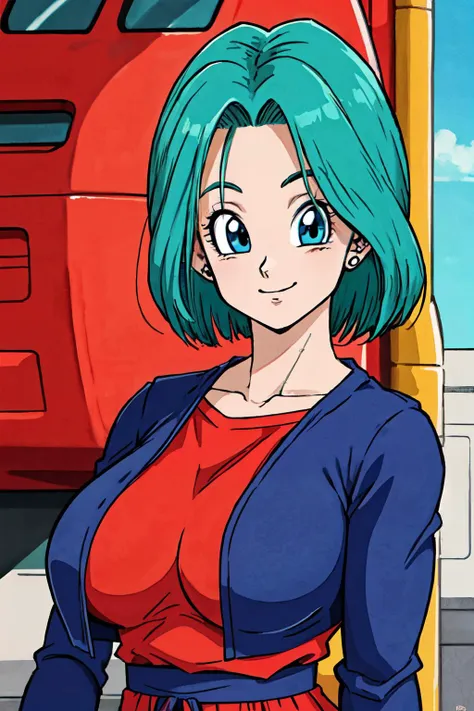 a close up of a woman with green hair and a red shirt