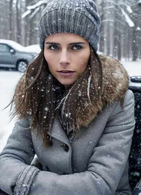 RAW photo of a sks woman, sitting in outdoor car ,winter ,snowy , ((wearing cap)), (detailed face), grunge, ((visual kai)),  ((full body)), (high detailed skin:1.2), 8k uhd, dslr, soft lighting, high quality, film grain, Fujifilm XT3, <lora:locon_jordana_v...