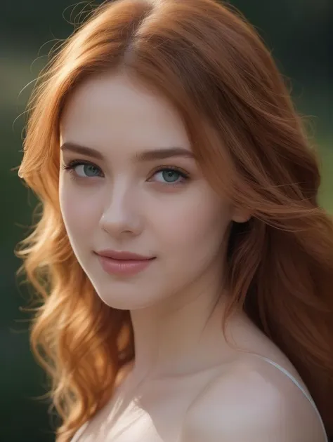 a close up of a woman with long red hair and blue eyes