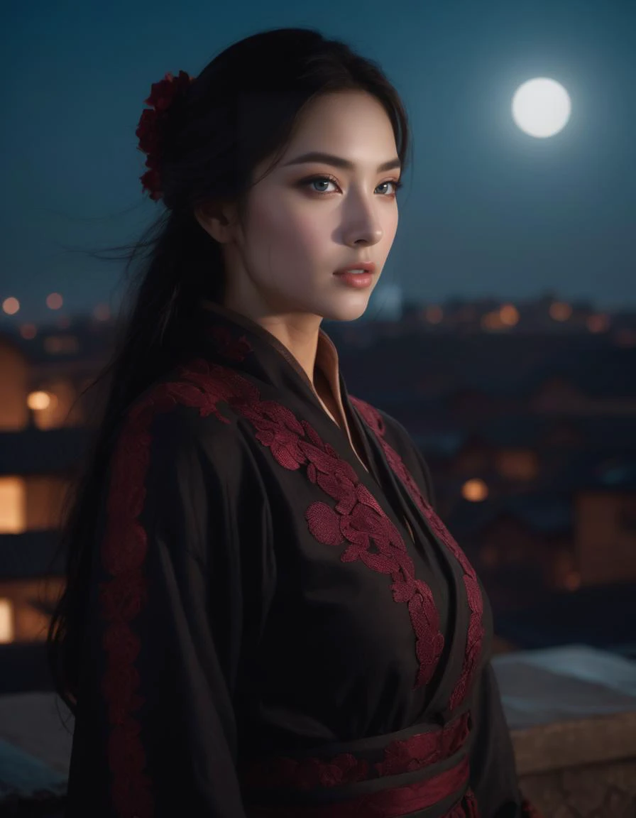 cinematic film still The enigmatic scene is bathed in a moonlit glow at night, A Chinese female assassin stands poised on a rooftop, wearing a form-fitting, midnight-black attire adorning her then toned frame with intricate crimson embroidery that shimmers...