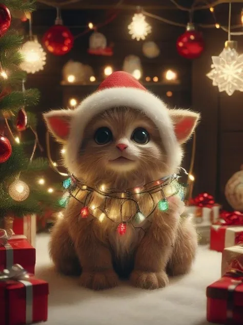 there is a cat that is sitting in front of a christmas tree