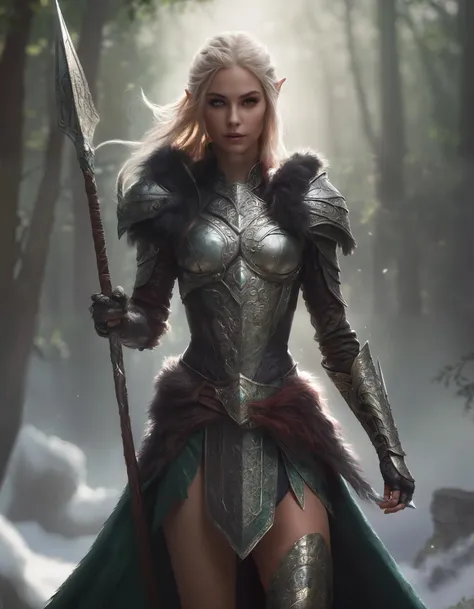 a woman in armor holding a spear in a forest