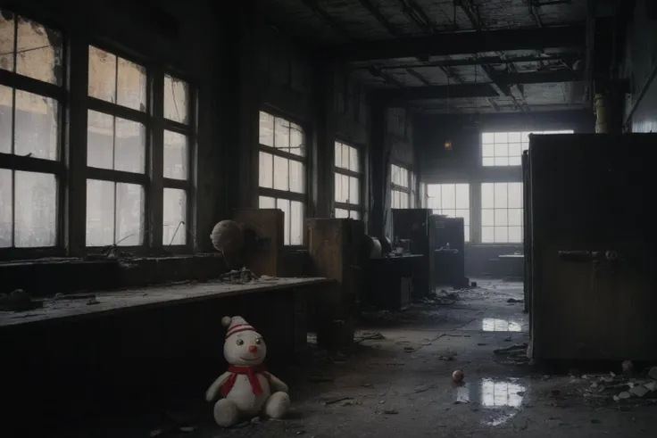 there is a teddy bear sitting in a dirty room with a window