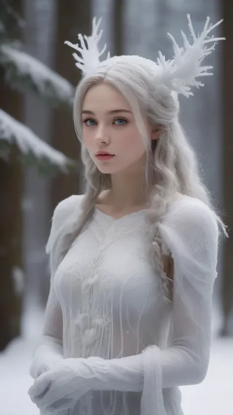 a woman with long white hair wearing a white dress and a snow crown