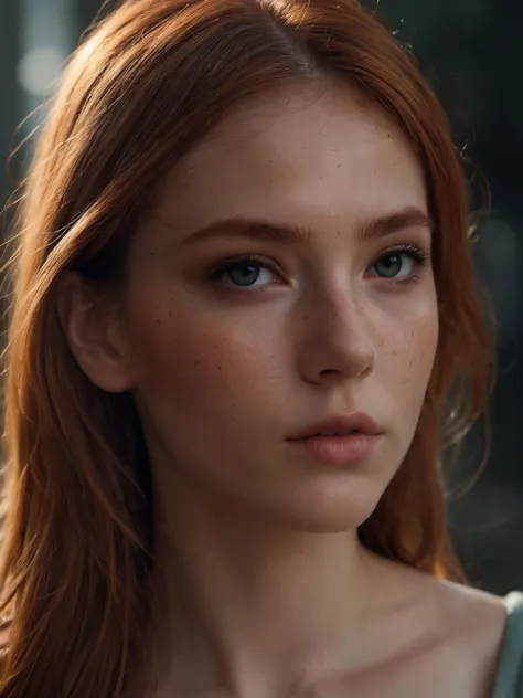 a close up of a woman with red hair and a necklace