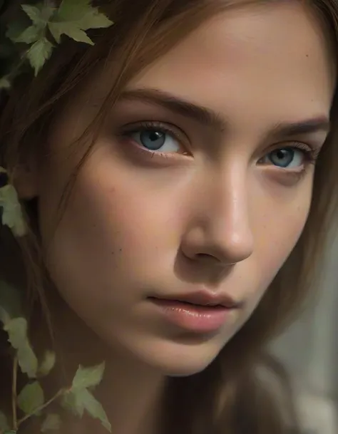 a close up of a woman with a flower in her hair