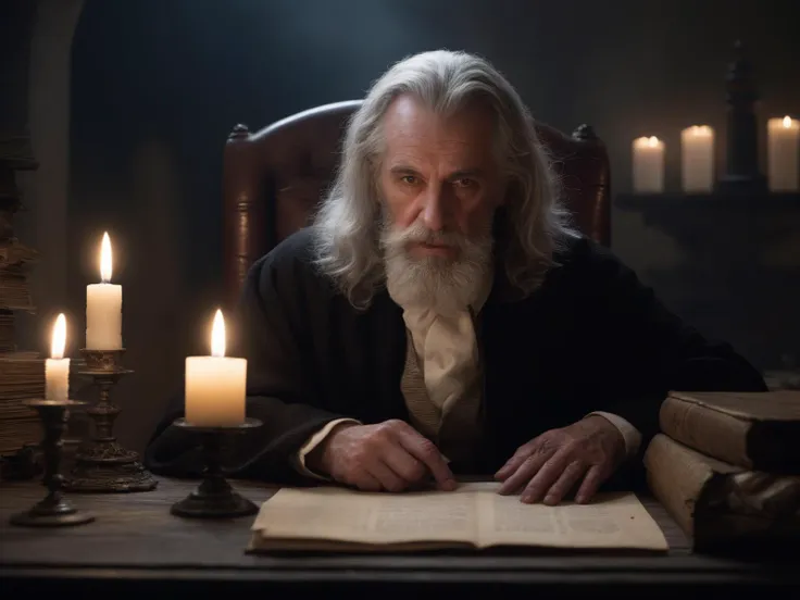 a man with a long white beard sitting at a desk with a book and candles