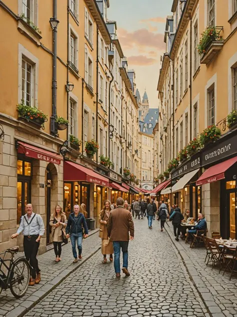 people walking down a cobblestone street in a european city