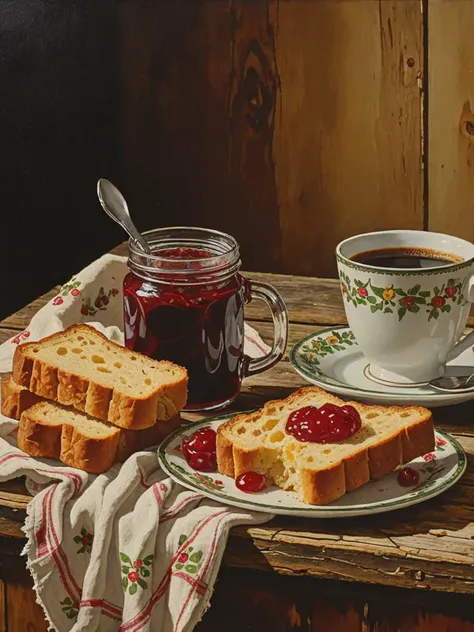 A detailed still life painting of a rustic breakfast setup on an old wooden table, with the texture of the bread crust, the transparency of the jam, and the shine on the coffee cup meticulously rendered.