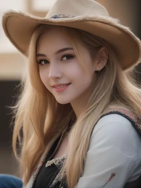 a woman with long blonde hair wearing a hat and a black dress