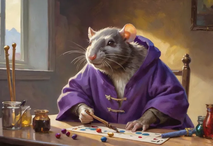 masterpiece,award winning,old wizened (humanoid) rat wearing rich purple robes sitting at a table holding his crooked wooden brown staff in one hand while playing a game which uses four tiny colored shiny beetles,one red,one blue,one yellow,one purple,as g...