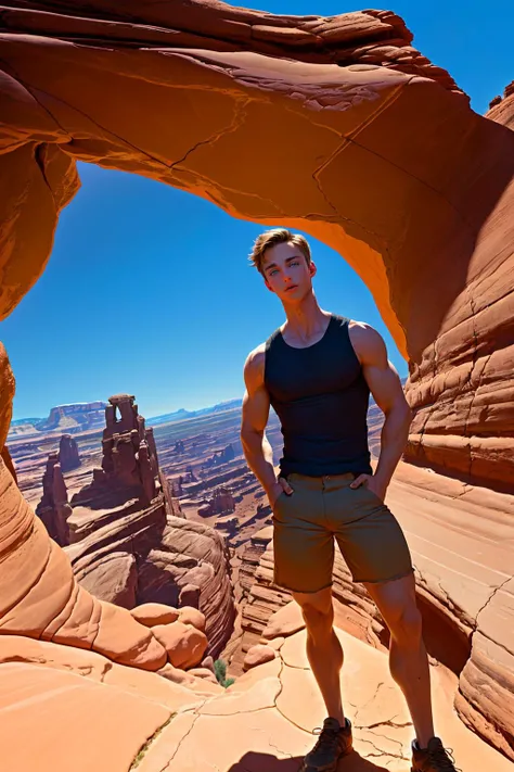 tyson_dayley <lora:tyson_dayley-08:0.75> wearing a fitted sleeveless hiking shirt and shorts, hiking in Utah desert, natural lighting, golden hour, Arches National Park, sandstone arches, breathtaking backdrop, (red:0.5) rock formations and arches