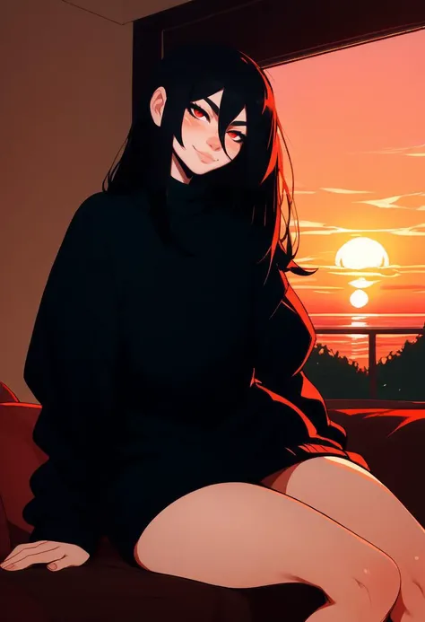 anime girl sitting on a bed with a sunset in the background