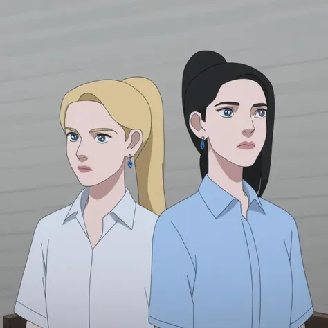 two women in blue shirts standing next to each other