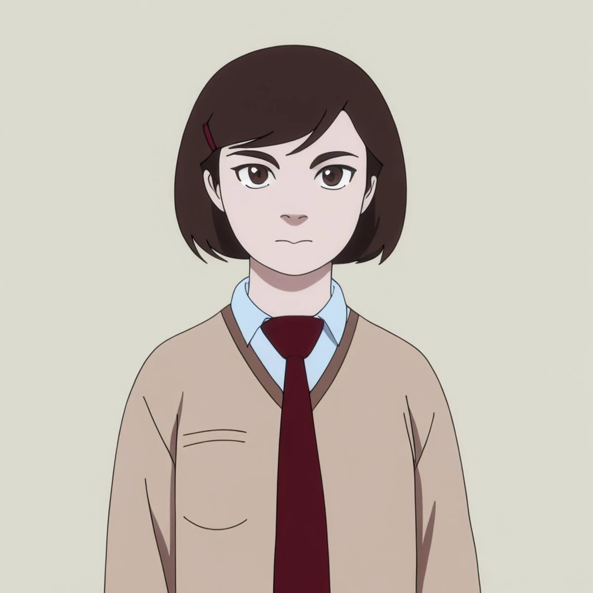 anime girl with brown hair and a red tie standing in front of a wall