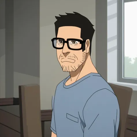 a cartoon of a man with glasses and a beard standing in a room