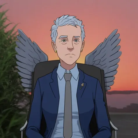 a close up of a person sitting in a chair with wings on his head