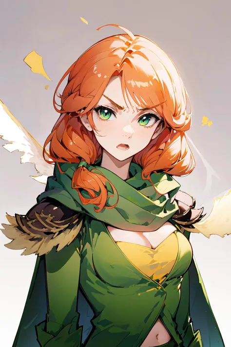 -original,Windranger anime style, 1girl, breasts, solo, cleavage, looking at viewer, open mouth, upper body, simple background, medium breasts, long hair, grey background, anger vein, cape, navel, angry, bangs, scarf, green cape, medium hair<lora:Windrange...