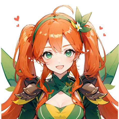 (masterpiece:1.2), best quality,PIXIV, Windranger anime style,
1girl, solo, green eyes, breasts, open mouth, smile, cleavage, heart, hair ornament, flower, long hair, hair flower, orange hair, looking at viewer, upper body, simple background, hairband, blu...