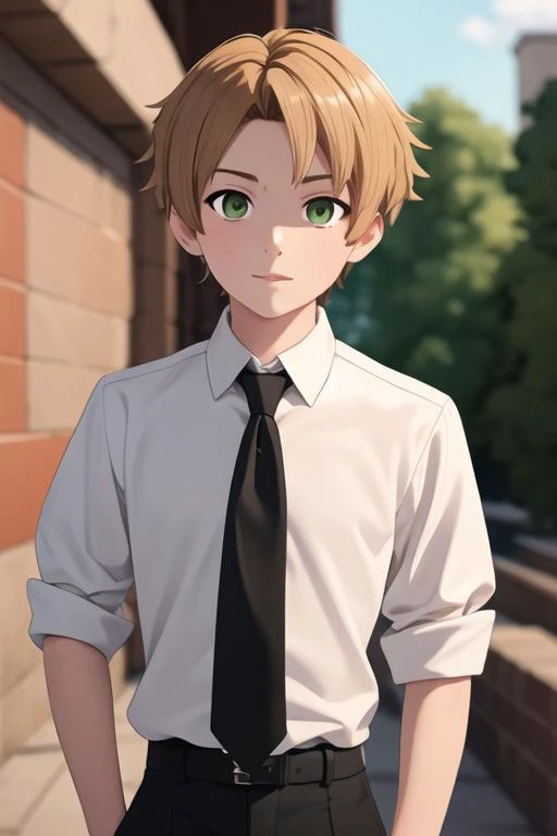 masterpiece, best quality, high quality, 1boy, solo, male focus, looking at viewer, upper body, <lora:rudeus_greyrat:0.78>, rudeus_greyrat, , formal, necktie, dress shirt