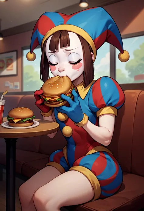 a woman in a clown hat eating a hamburger and drinking soda