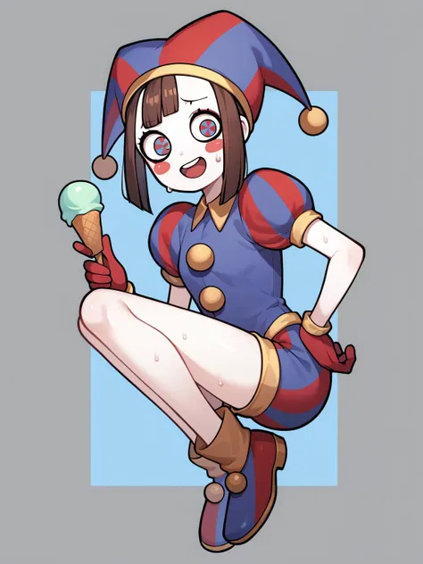 a cartoon image of a woman in a clown costume holding an ice cream cone