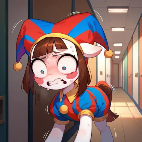 score_9, score_8_up, score_7_up, source_pony, solo, 1girl,feral,pony, pomni, colored skin, blush stickers, sweat, scared, jester cap, striped clothes, puffy short sleeves,puffy shorts, hallway, motion lines <lora:digitalcircus_pomni_ponyXL:0.7> <lora:Smoot...