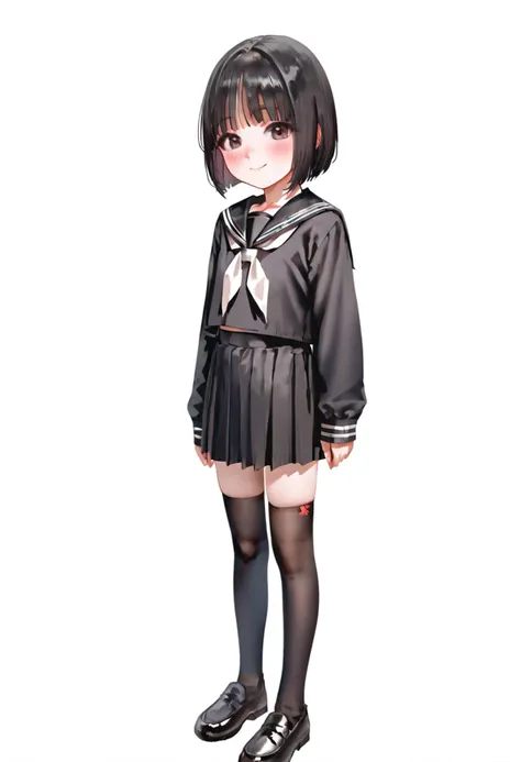 score_9, score_8_up, by as109, 1girl, standing, looking at viewer, solo, black hair, bob cut, short hair, sidelocks, blush, smil...