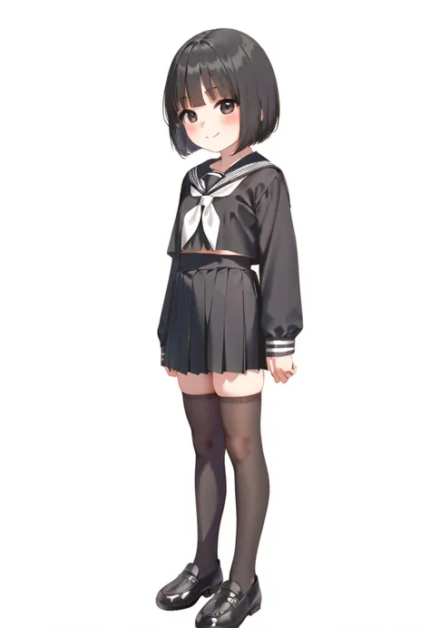 score_9, score_8_up, by gishu, 1girl, standing, looking at viewer, solo, black hair, bob cut, short hair, sidelocks, blush, smil...