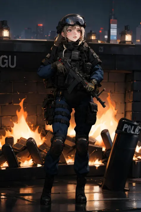 1girl,solo,outdoors,cityscape,open fire,<lora:0299 New York City Police Department_v1:1>,ruanyi0299,belt,boots,bulletproof vest,police uniform,holding weapon,helmet,(full body:1.2),h&k mp5,, best quality,masterpiece,highres,official art,extremely detailed ...