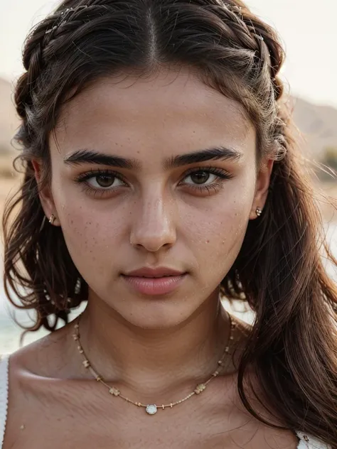 a close up of a woman with a necklace on her neck