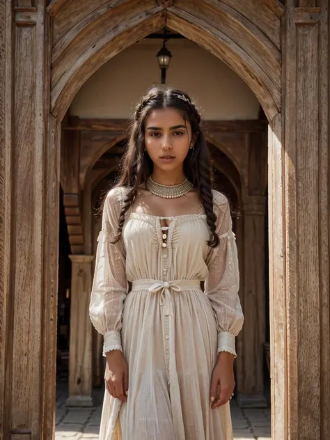 a woman in a white dress standing in front of a building