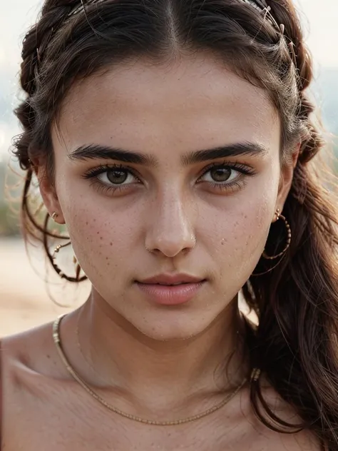 a close up of a woman with a braided hair and a necklace