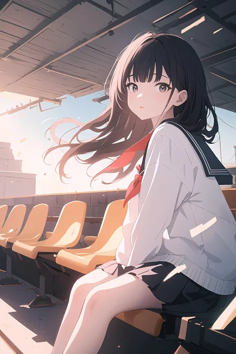 (best quality, masterpiece, highres),1girl,solo,blunt bangs,black long hair,looking at viewer,serafuku,wind,light particles,light rays,dynamic_angle,
<lora:BX_stadium seats_v1.16:1>,seats,