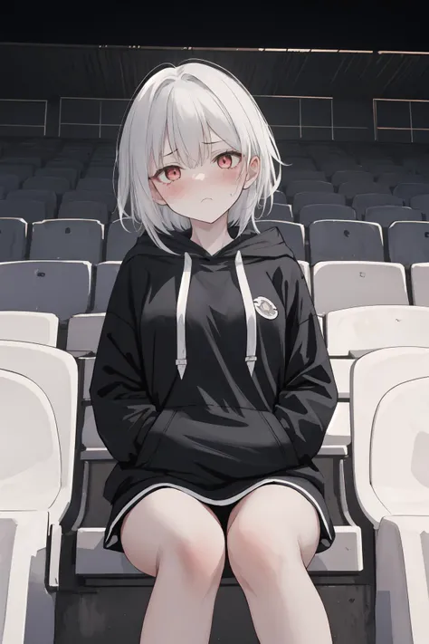 (best quality, masterpiece, highres),1girl,solo,white hair,hood,black hoodie,frown,blush,looking at viewer,shadow,dark,night,dynamic_angle,
<lora:BX_stadium seats_v1.16:1>,seats,