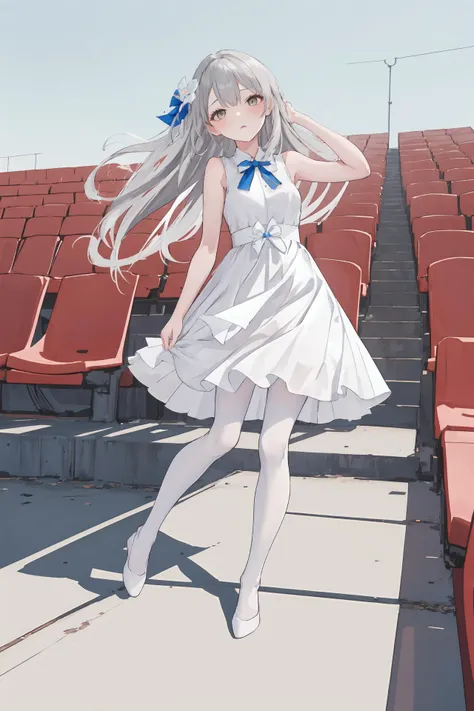 (best quality, masterpiece, highres),1girl,solo,long hair,grey hair,white dress,white bow,white pantyhose,floating hair,full body,head tilt,dynamic_angle,flower,wind,light,
<lora:BX_stadium seats_v1.16:1>,seats,