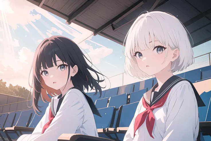 (best quality, masterpiece, highres),2girls,blunt bangs,white short hair,black long hair,looking at viewer,serafuku,wind,light particles,light rays,upper body,dynamic_angle,
<lora:BX_stadium seats_v1.16:1>,seats,