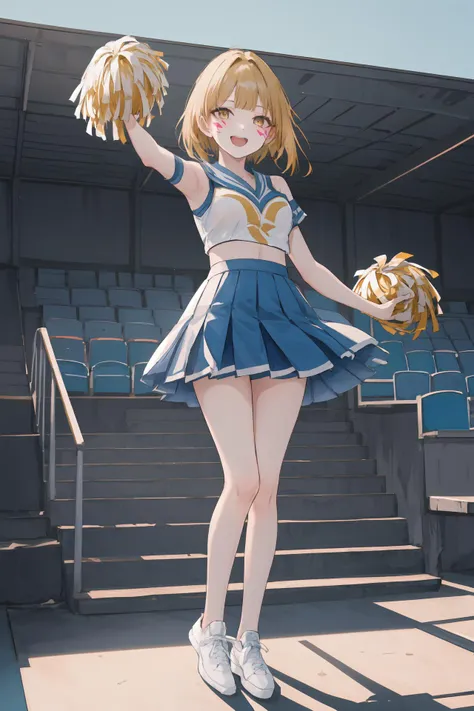 (best quality, masterpiece, highres),1girl,solo,blunt bangs,happy,open mouth,swept bangs,standing,cheering,cheerleader,facepaint,full body,looking at viewer,dynamic_angle,sky,wind,railing,
<lora:BX_stadium seats_v1.16:1>,seats,