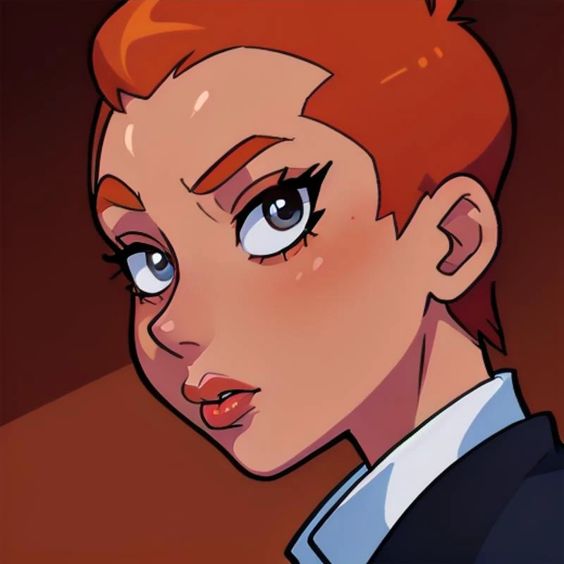 a close up of a cartoon of a woman with red hair