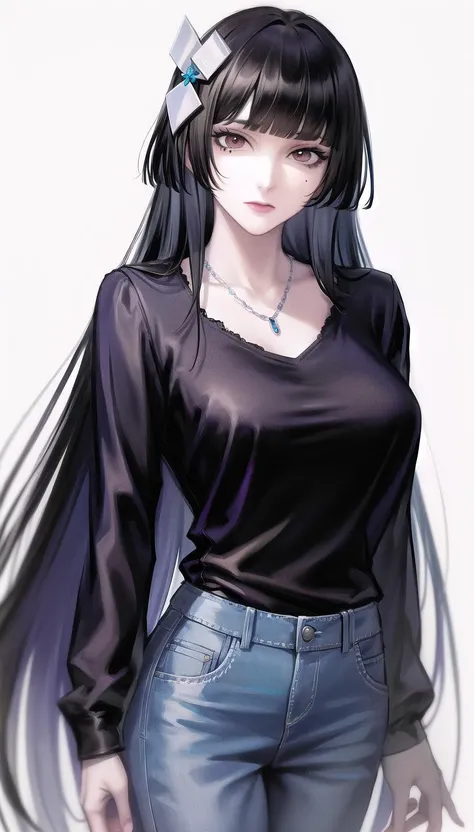 anime girl with long black hair and a black blouse