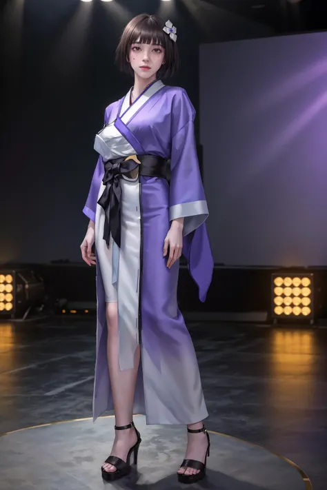 a woman in a purple kimono is standing on a stage