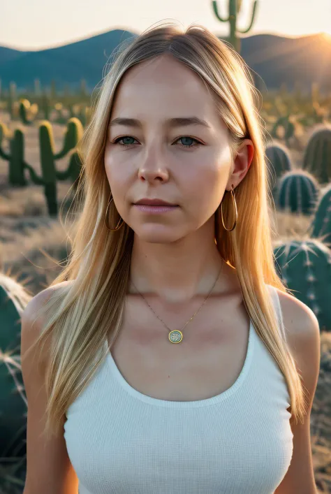 best quality (raw:1.1) photo of  (blonde Al1c3R0b3rt501:0.99), (master grade:1.2), ((subtle makeup:1.2)), (tied back hair), (summer dress:1.2), ((standing in a field of barrel cacti:1.2)), (closeup:1.2), (sun setting), golden necklace, (golden earrings:1.1...