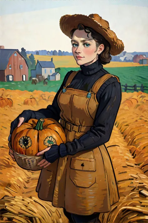 <lora:vangogh:1.0>, impressionism, fine art, woman wearing corduroy pinafore dress over fitted turtleneck with dark tights, pumpkin patch, autumn farm, bales of hay, vintage tractor || <lora:vangogh:1.0>, masterpiece, perfect quality, sharp focus, shallow ...