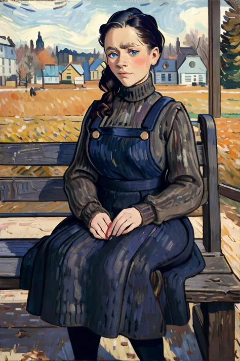 <lora:vangogh:1.0>, impressionism, fine art, woman wearing corduroy pinafore dress over fitted turtleneck with dark tights, cabin porch, wooden swinging bench, thick knit blanket, gentle autumn breeze || <lora:vangogh:1.0>, masterpiece, perfect quality, sh...