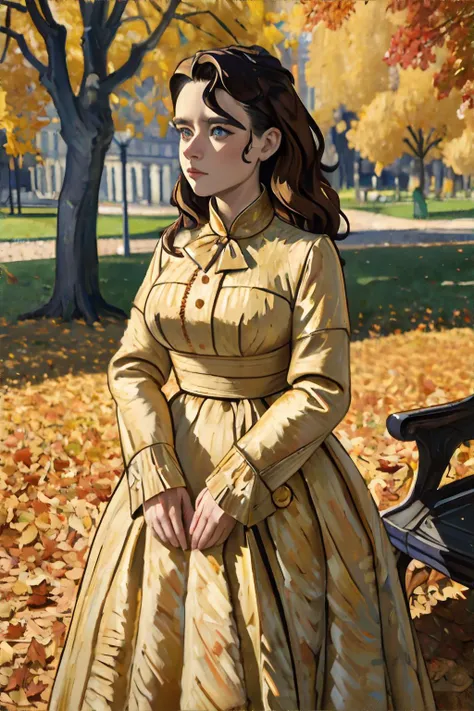 <lora:vangogh:1.0>, impressionism, fine art, woman wearing long sleeved dress with gathered waist made of flowing, draping fabric, city park in autumn, piles of autun leaves, golden sunlight || <lora:vangogh:1.0>, masterpiece, perfect quality, sharp focus,...