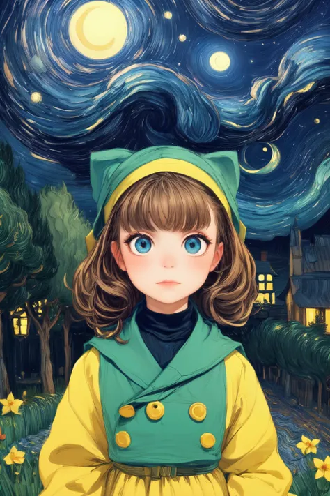 a girl in a yellow coat and green hat standing in front of a starr sky