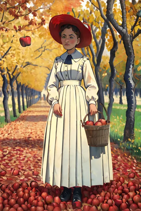 <lora:vangogh:1.0>, impressionism, fine art, woman wearing pleated dress with tied bow collar, apple orchard, rows of trees in autumn colors, buckets of bright red apples || <lora:vangogh:1.0>, masterpiece, perfect quality, sharp focus, shallow depth of fi...